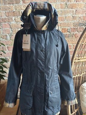 Barbour Navy Hooded Wax Jacket with Tartan Trim